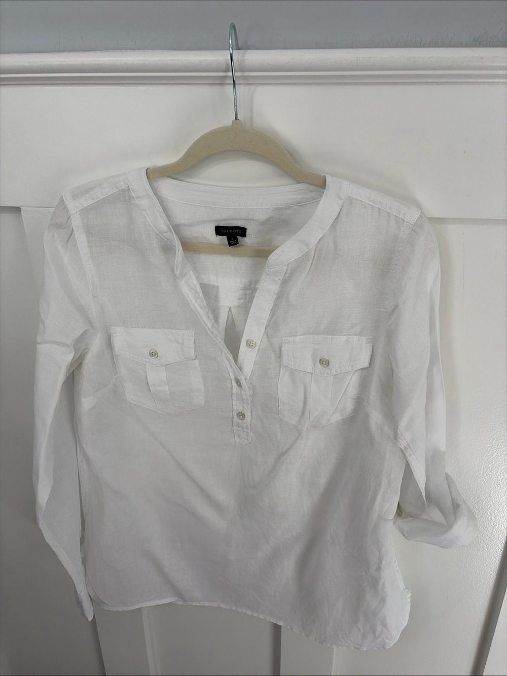 Talbots White Linen Henley Button-Up Top